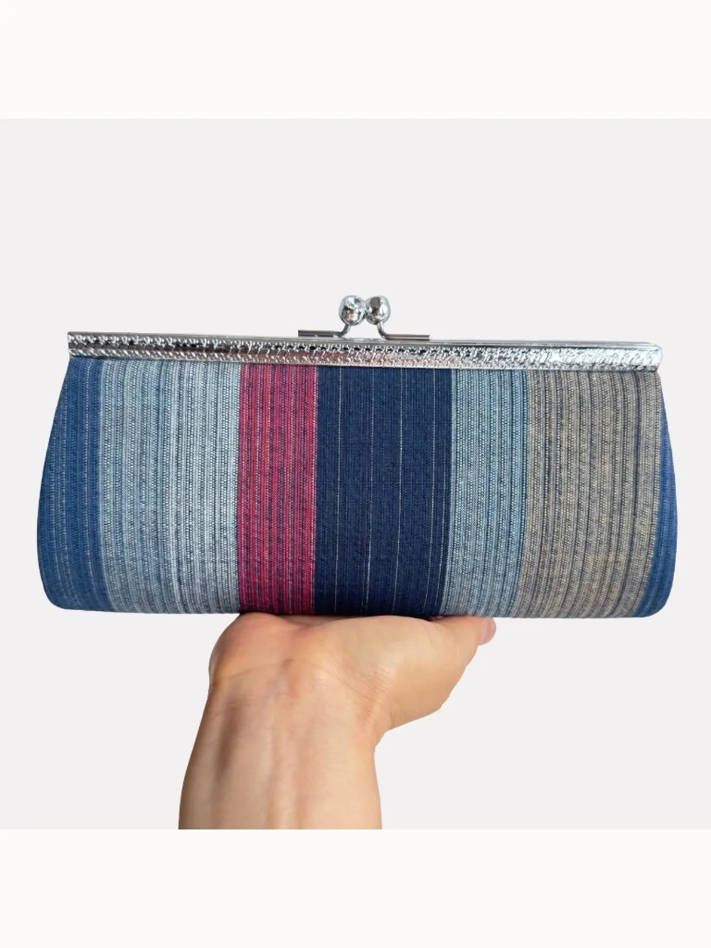 Japanese Striped Cotton Clutch Evening Bag Silver Clasp Formal Purse Handbag New